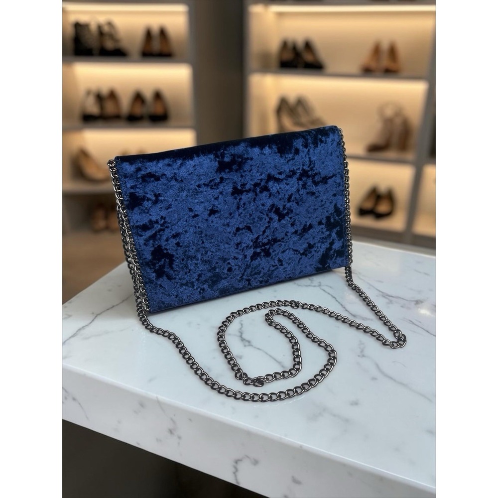 Chelsea28 Blue Crushed Velvet Clutch Crossbody Bag Chain Strap Envelope Purse